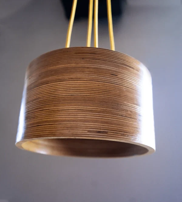 Contemporary 4 Bulb Round Pendant Light with exposed plywood look & hanging from green fabric cable