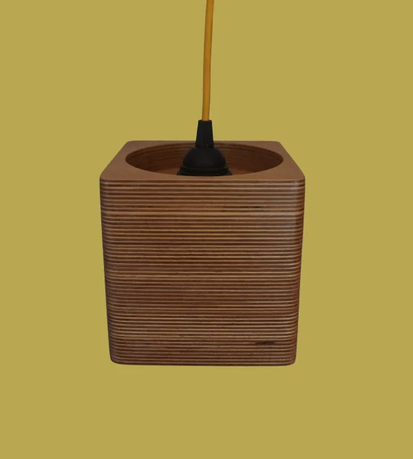 Contemporary Single Bulb Square Pendant Light with exposed plywood look & hanging from mustard coloured fabric cable